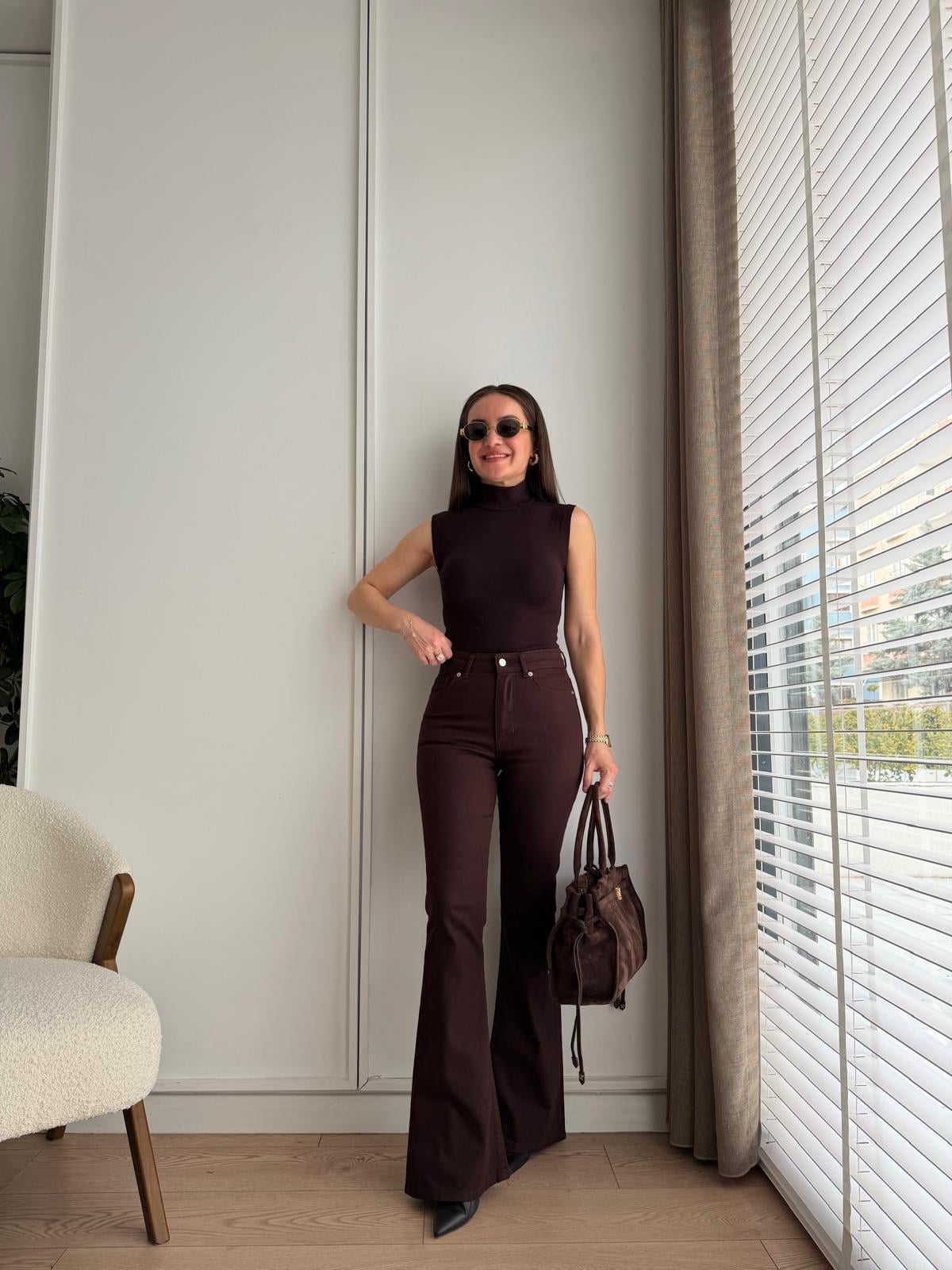 Kahve rengi Yüksek Bel İspanyol Paça Jean 0539