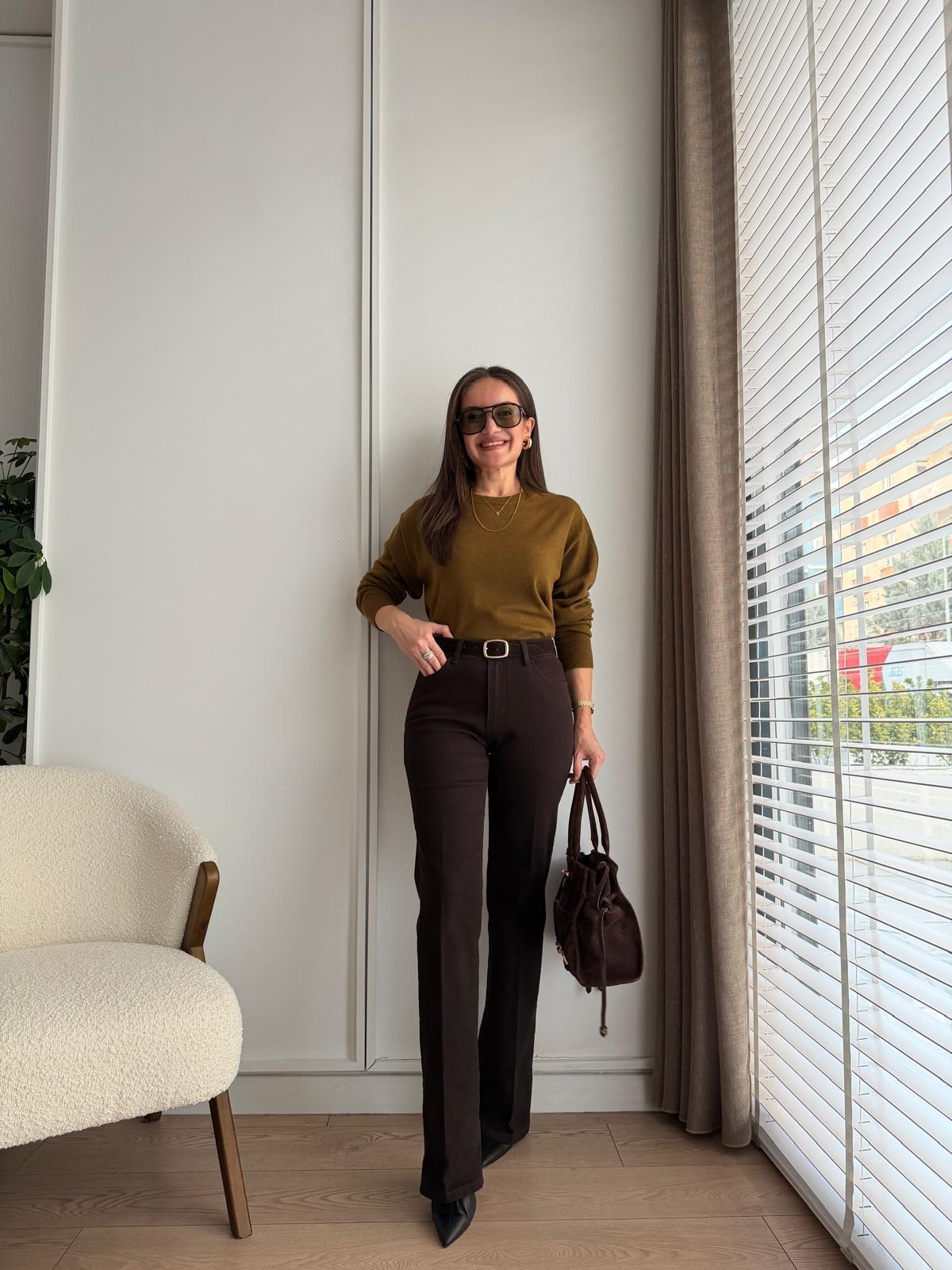 Kahve rengi Yüksek Bel Kemerli Wide Lige Jean 511