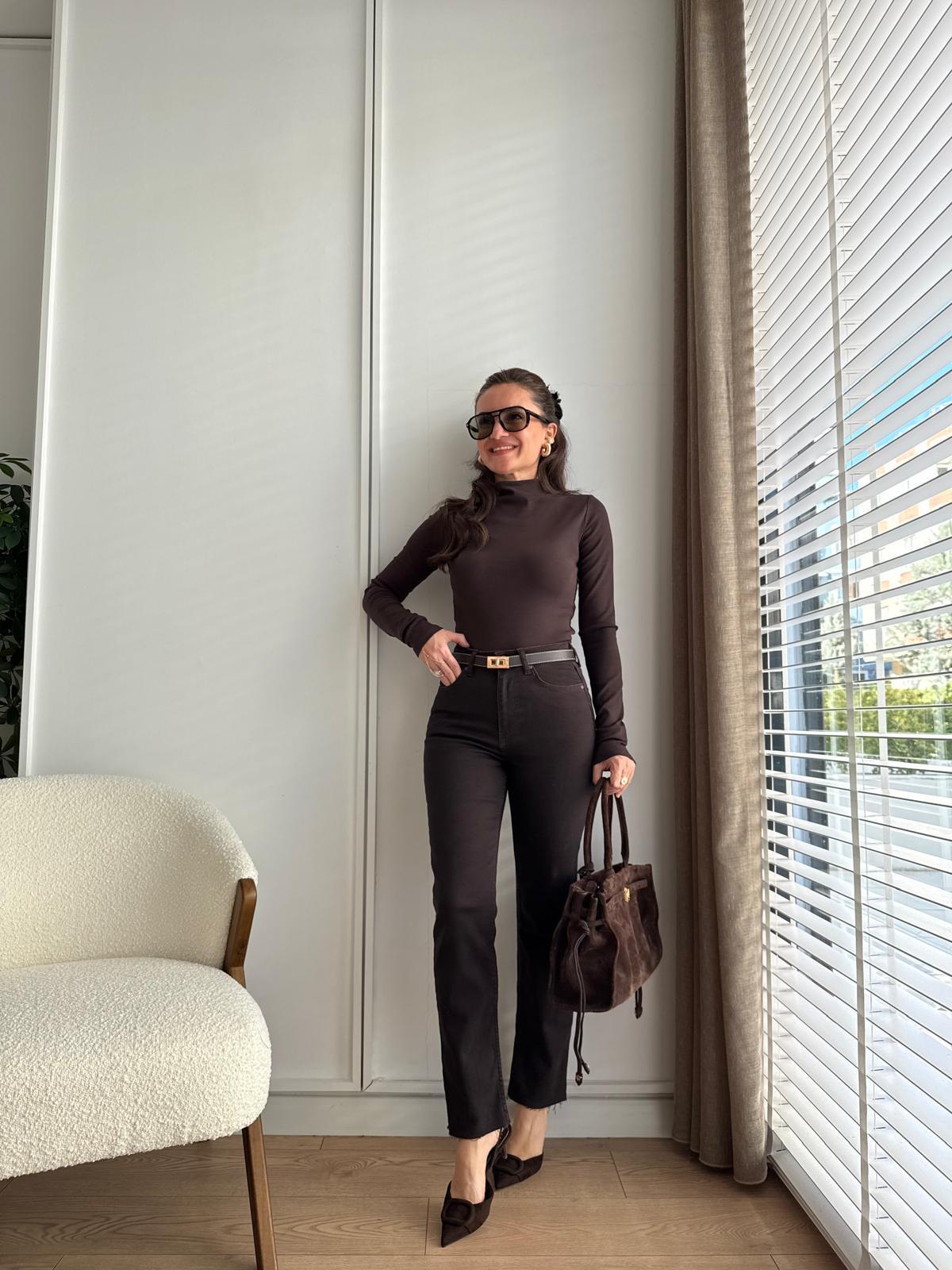 Kahve rengi Yüksek Bel Likralı Mom Jean D785