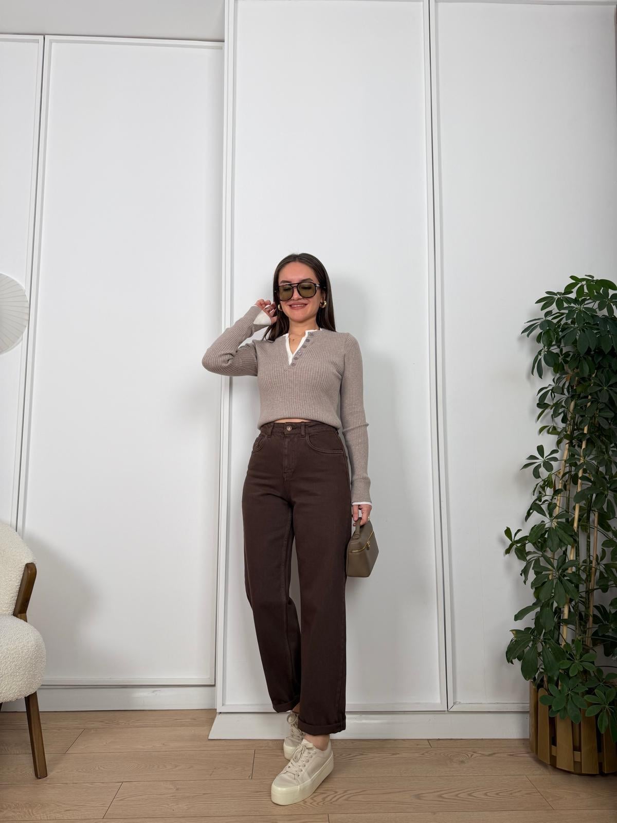 Kahve rengi Yüksek Bel Mom Fit Pantolon 25796