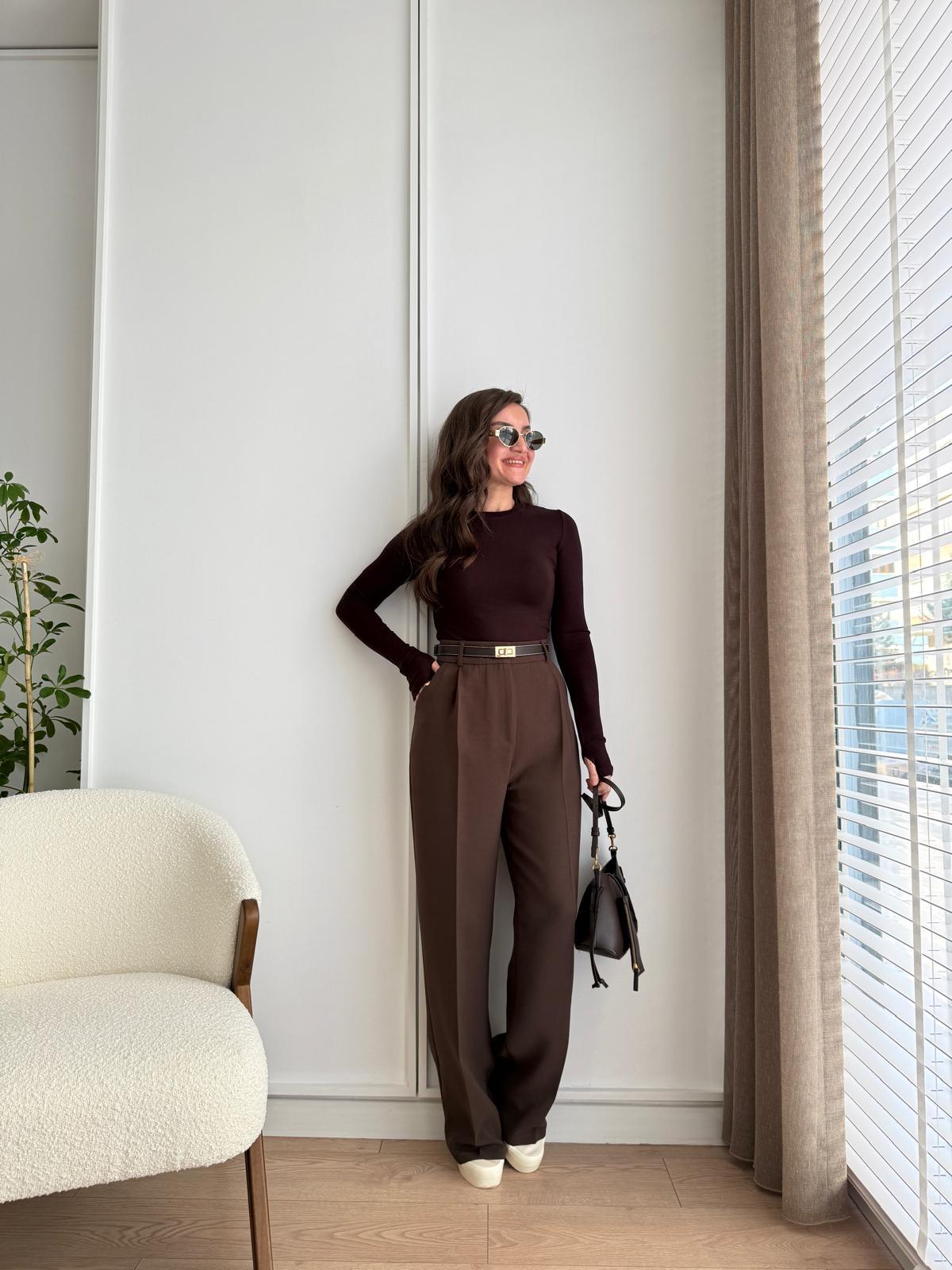 Kahve rengi Yüksek Bel Palazzo Pantolon 3718