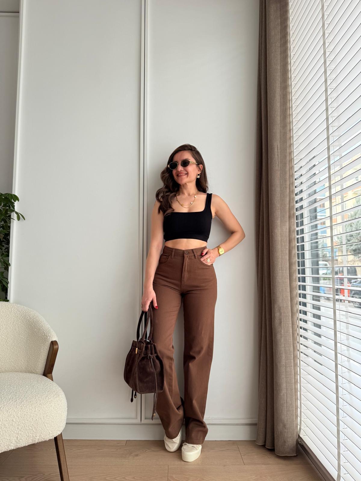 Kahve rengi Yüksek Bel Palazzo Pantolon 3731