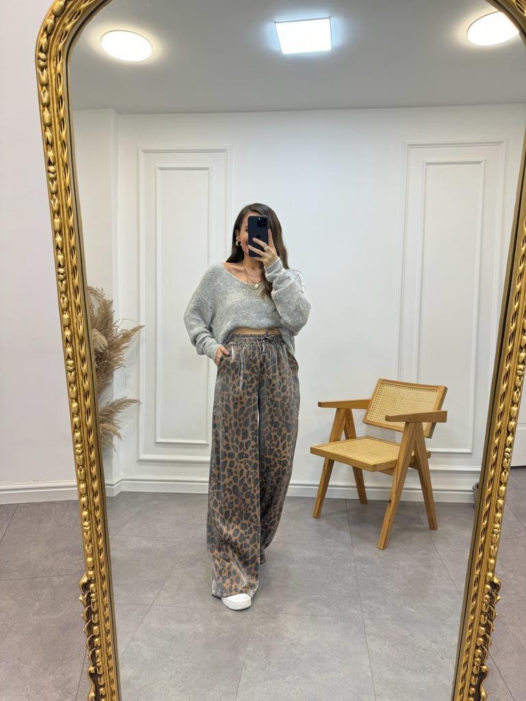 Kahve Siyah Leopar Desenli Parlak Pantolon 5196
