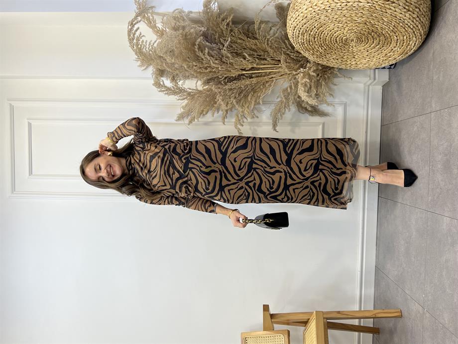 Kahve Siyah Zebra Desen Lüx Kalite Tasarım Elbise 28051