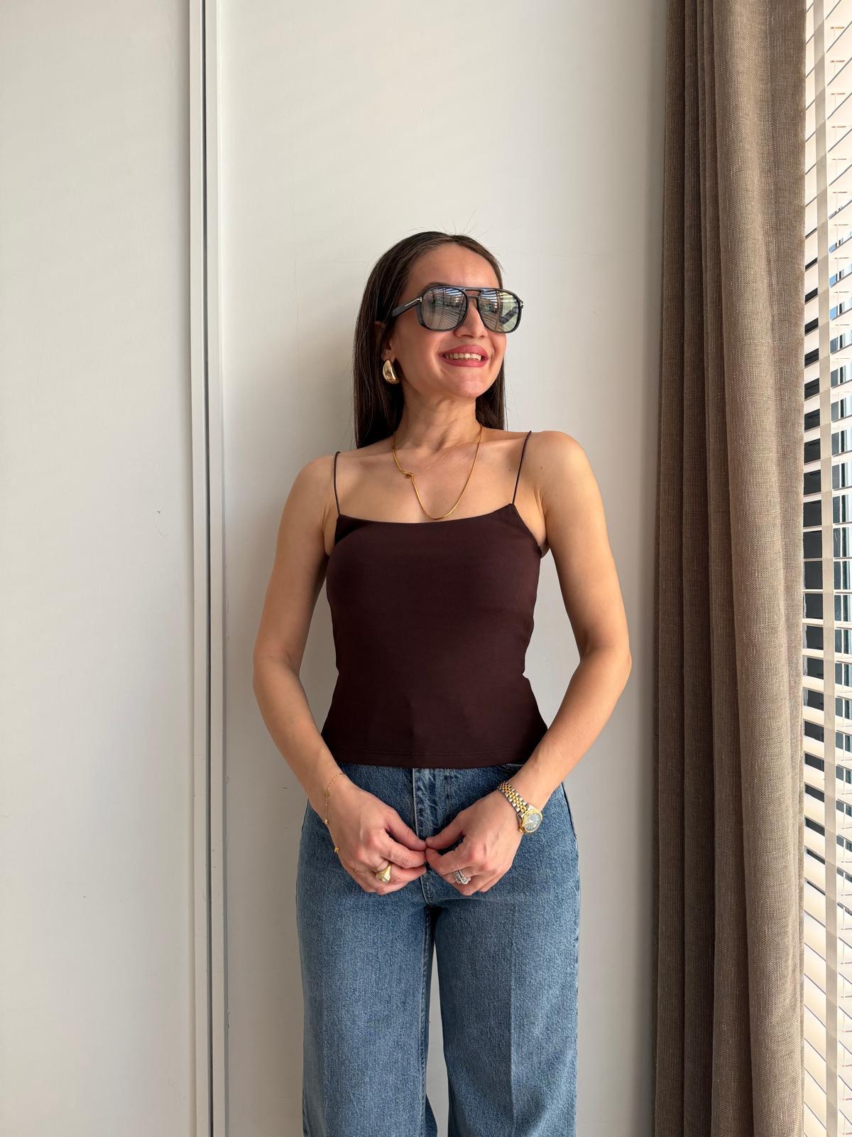 Kahverengi İp Askılı Uzun Atlet 4829