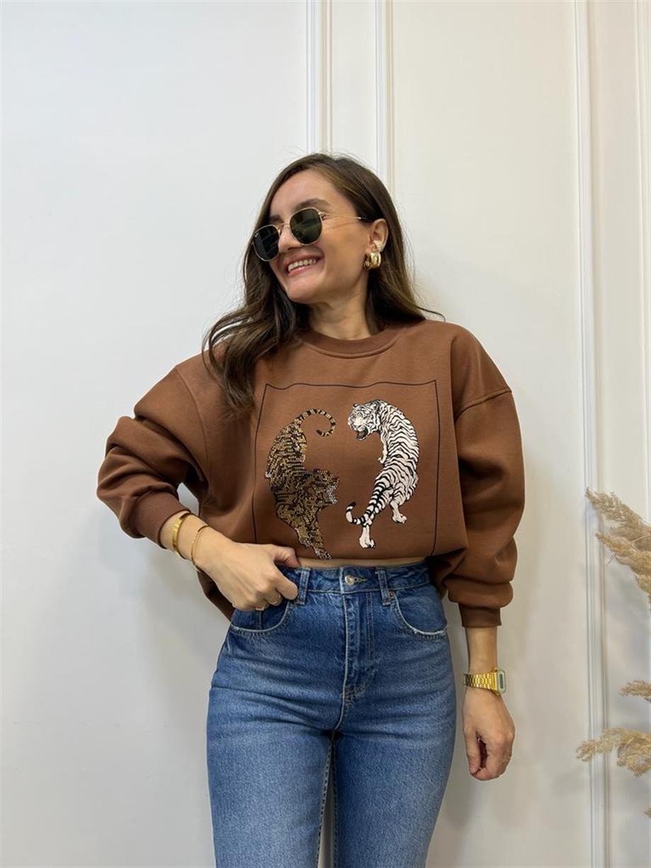 Kahverengi Kaplan Baskılı Bisiklet Yaka Sweatshirt 5110