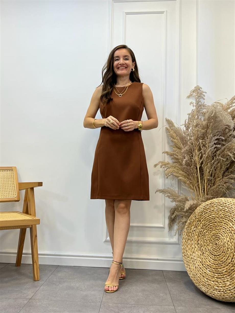 Kahverengi Krep Kumaş Basic Kalem Elbise 5776