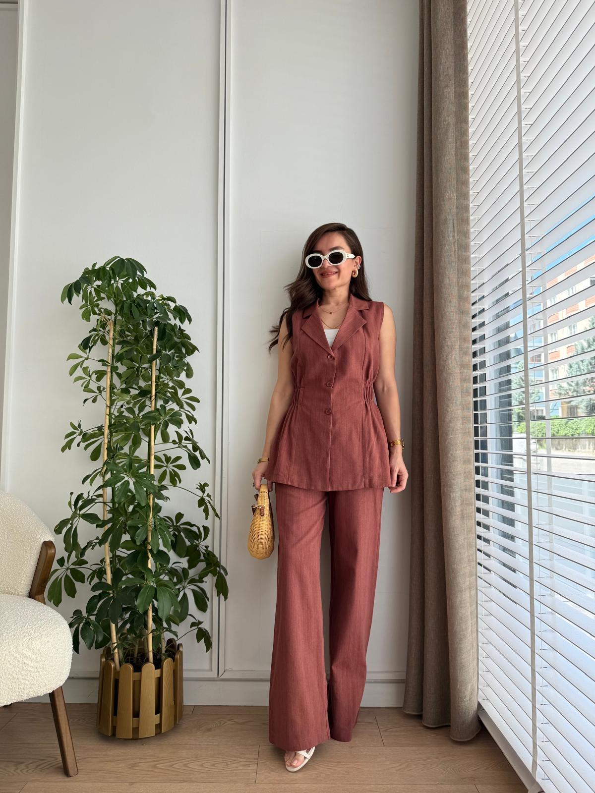Kiremit Bel Lastikli Keten Yelek Pantolon Takım 8704