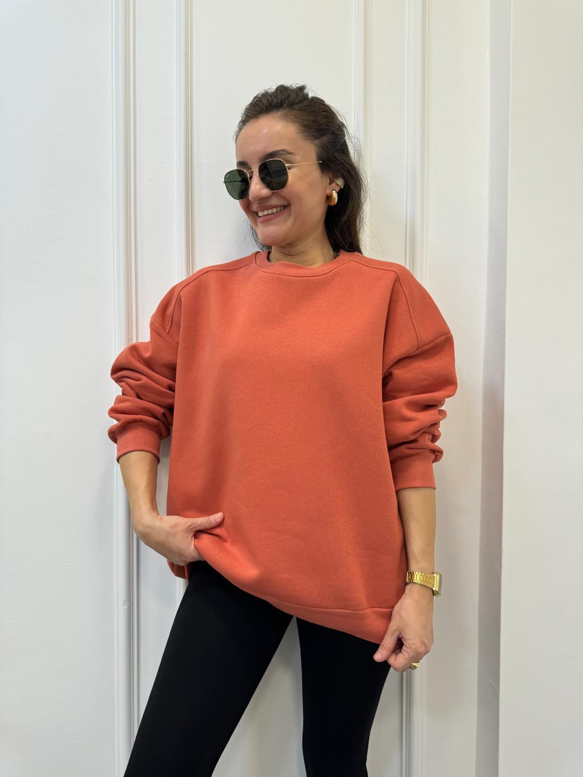 Kiremit Bisiklet Yaka Şardonlu Sweatshırt 241002