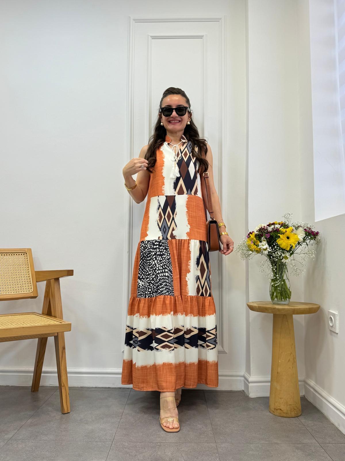 Kiremit Desenli Hakim Yaka Sıfır Kol Elbise 34550