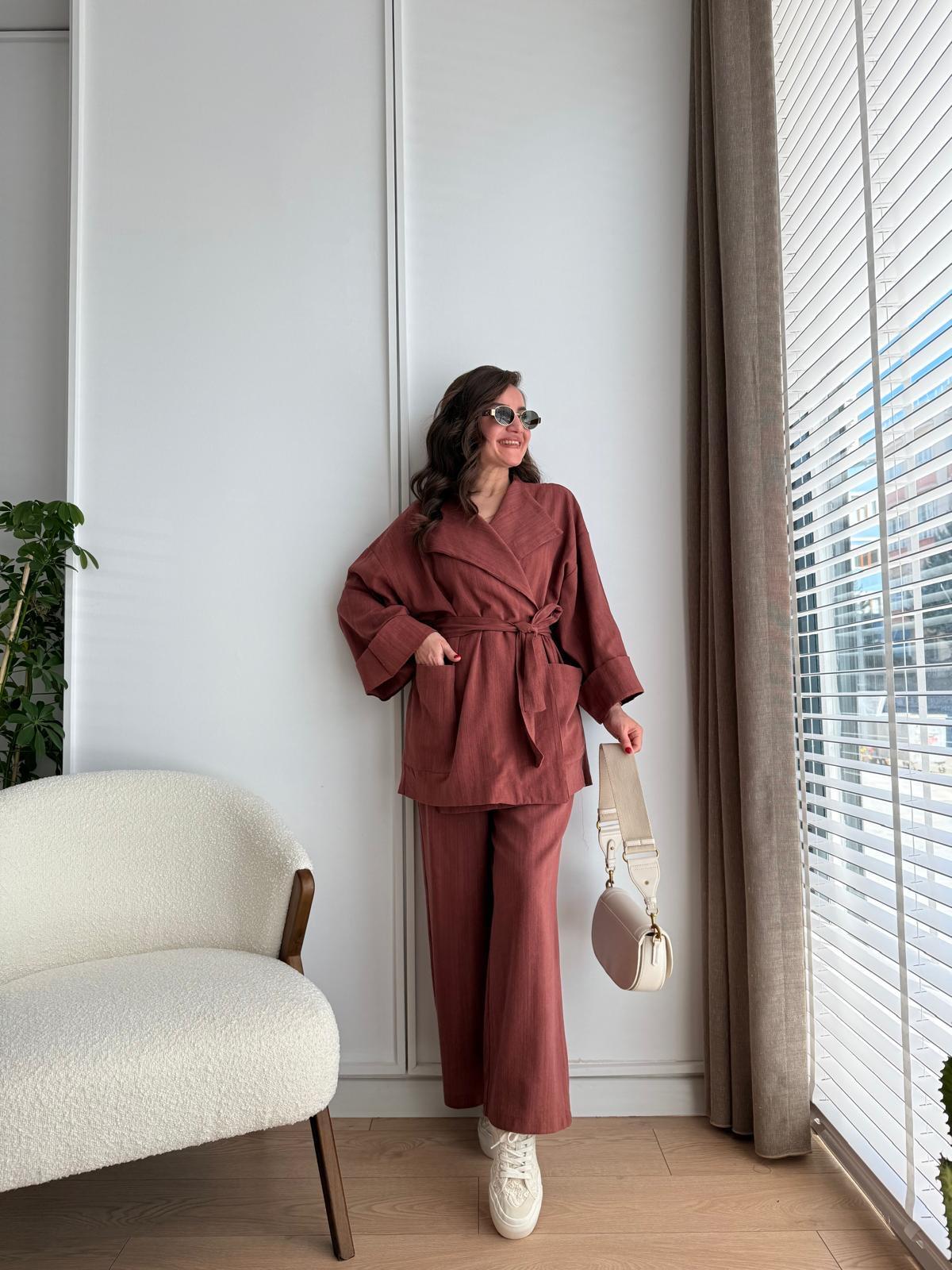 Kiremit Kuşaklı Cepli Kimono Takım 8447