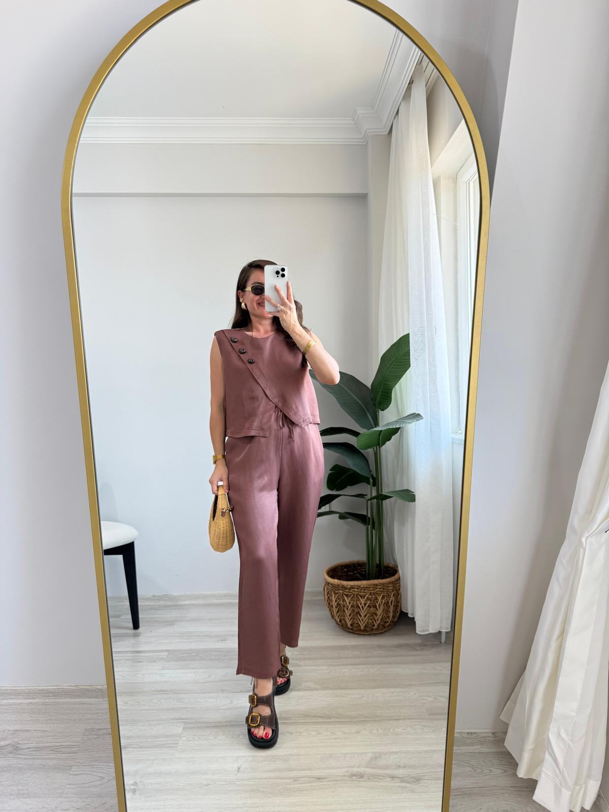 Kiremit Parlak Çapraz Düğme Detaylı Bluz Pantolon Takım 0611