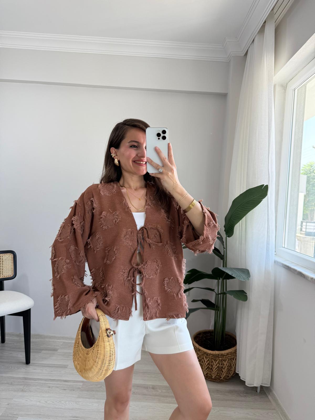 Kiremit Püskül Detaylı Ön Bağlamalı Kimono 7012