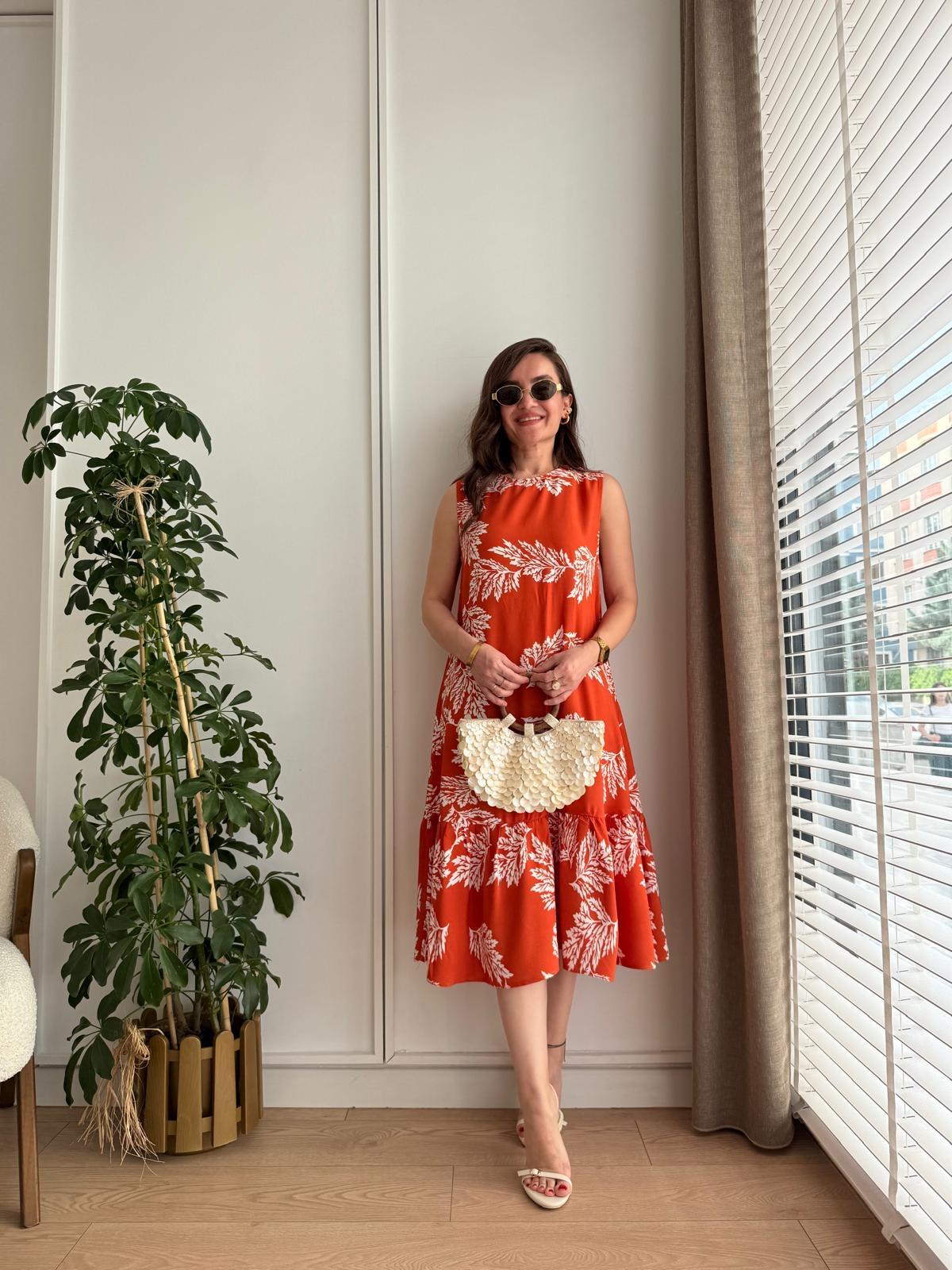 Kiremit Sıfır Kol Yaprak Desenli Elbise 23662