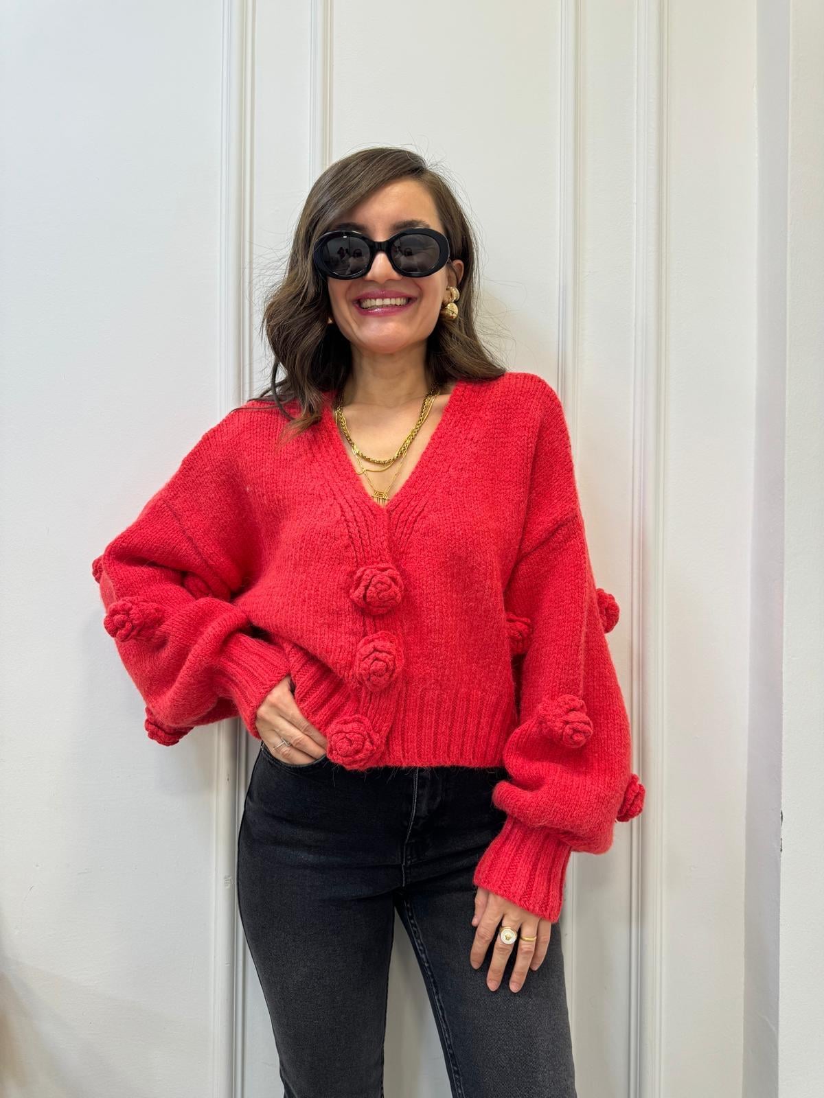 Kırmızı Balon Kol Gül Detaylı ÇıtÇıtlı Örme Hırka 60216