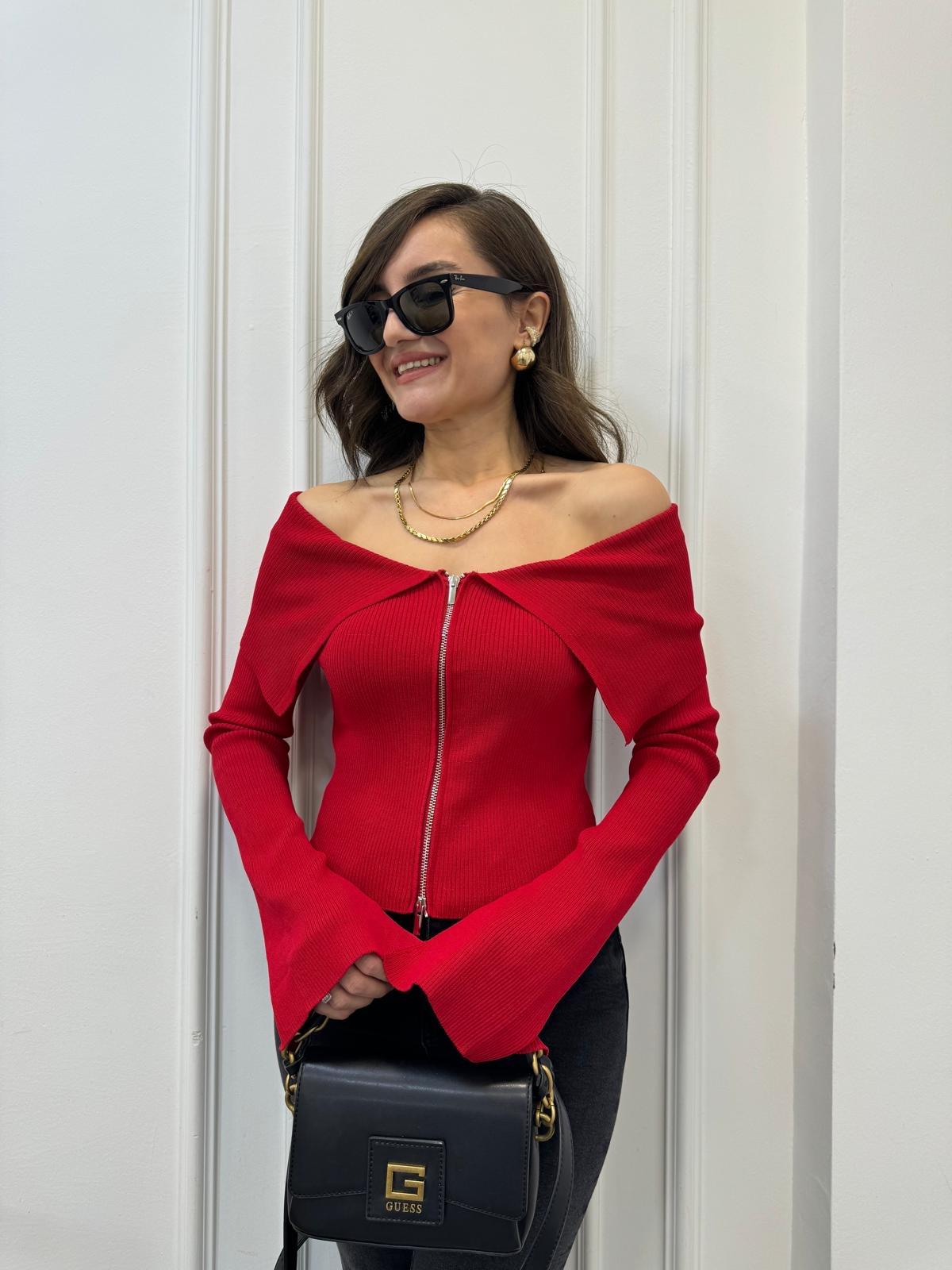 Kırmızı Bardot Yaka Kol Yırtmaç Detaylı Triko Hırka 60252