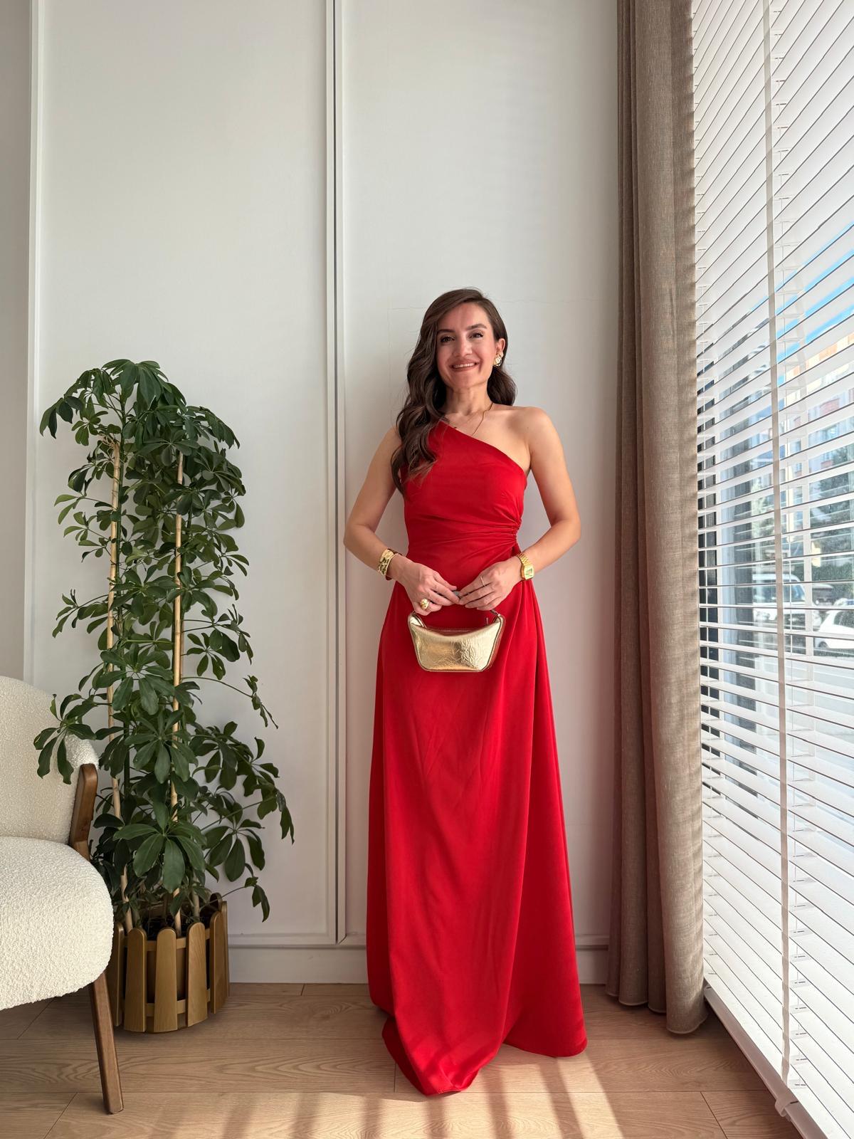 Kırmızı Bel Dekolteli Tek Omuz Elbise 5956