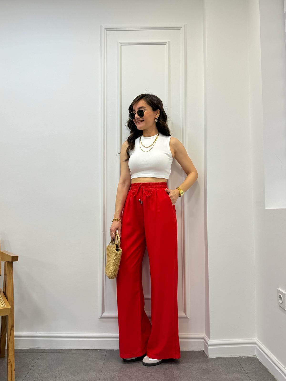 Kırmızı Beli Lastikli Özel Dokulu Salaş Pantolon 0118