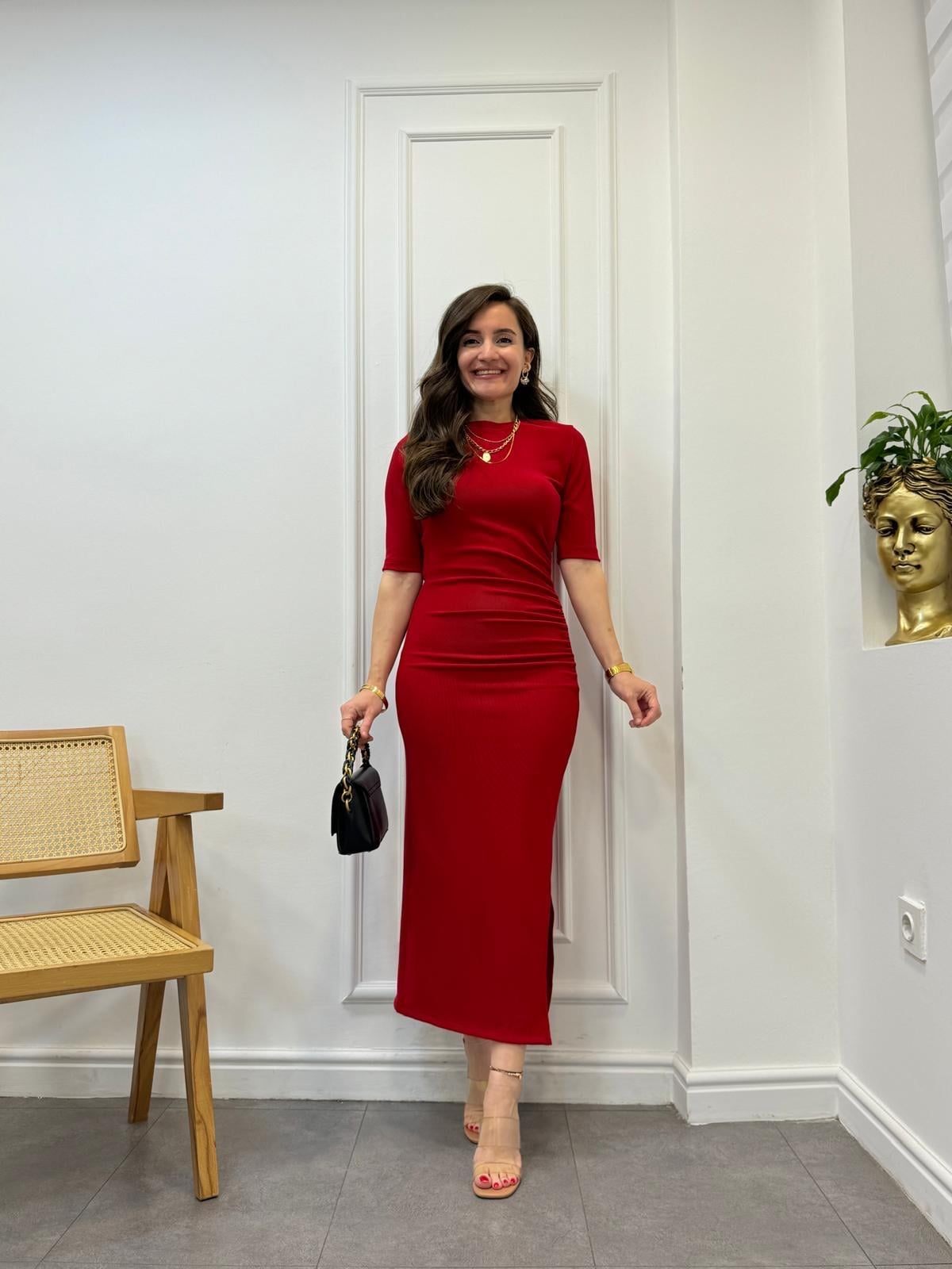 Kırmızı Bisiklet Yaka Yan Drapeli Ottoman Kumaş Elbise 1013