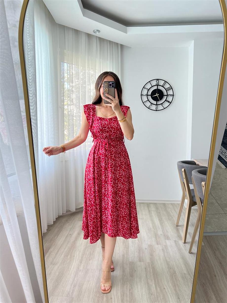 Kırmızı Çiçek Desenli Sırt Gipeli Elbise 3008