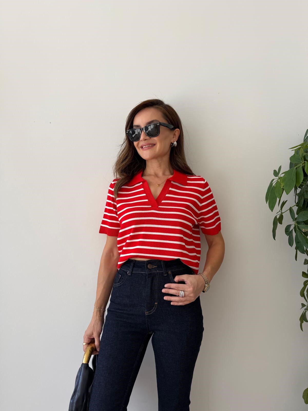 Kırmızı Çizgili Polo Yaka Triko Tshirt 5526
