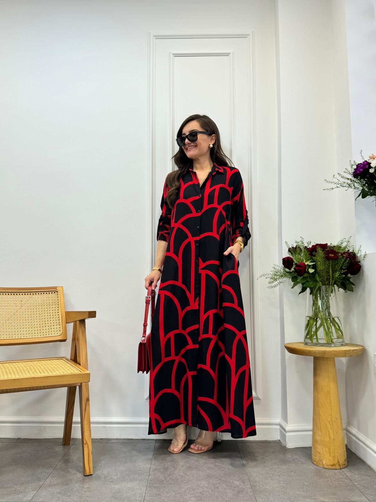 Kırmızı Desenli Gömlek Elbise 3033