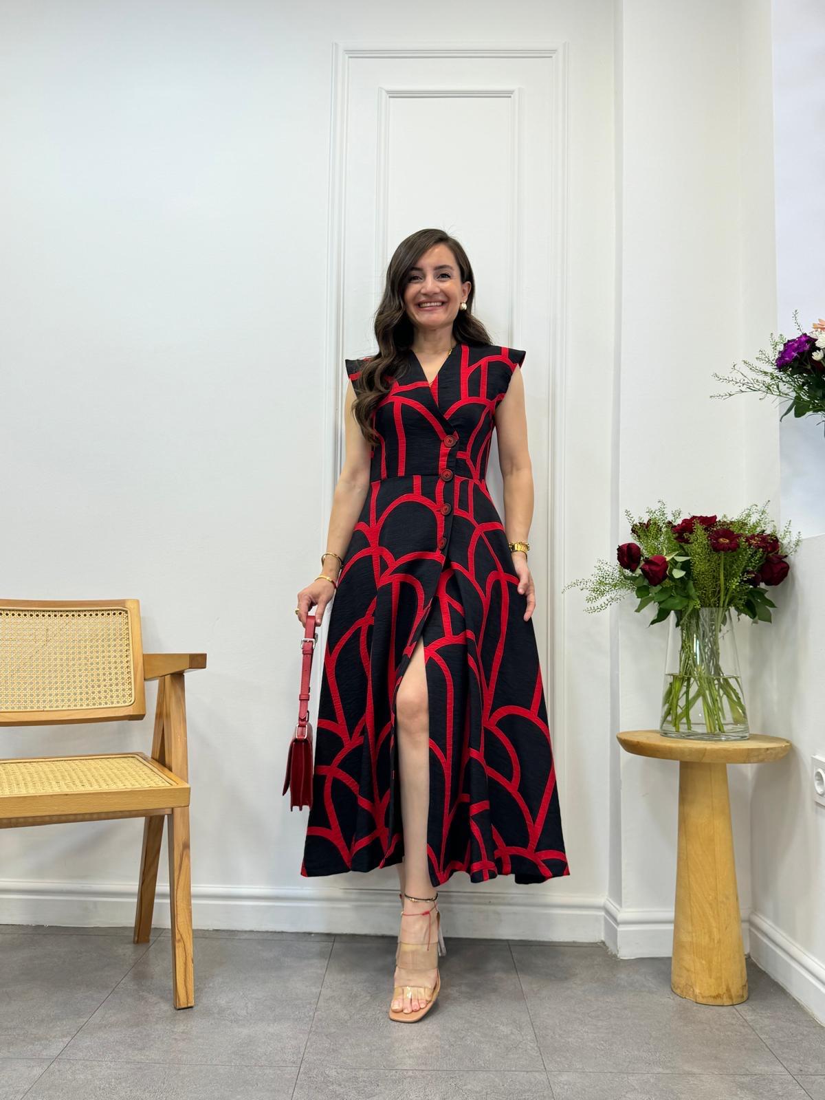 Kırmızı Desenli Kruvaze Yaka Düğmeli Elbise 022