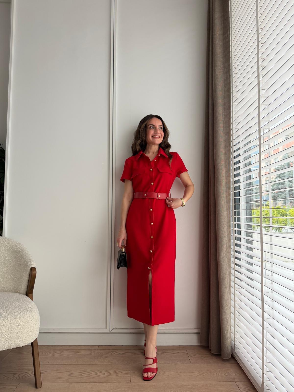 Kırmızı Düğme Detaylı Kemerli Gömlek Elbise 37258