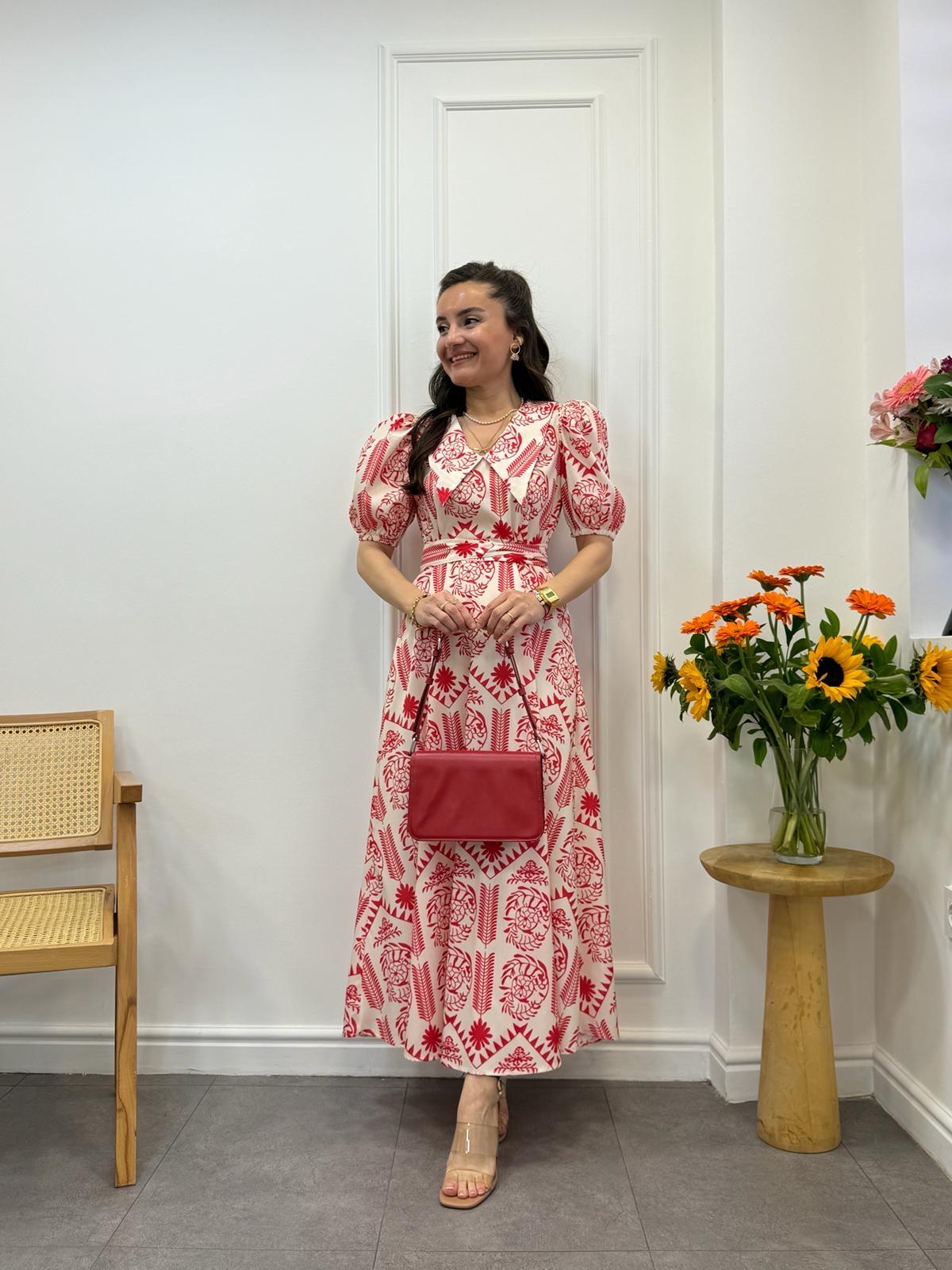 Kırmızı Ekru Bebe Yaka Etnik Desenli Elbise Elbise 4193