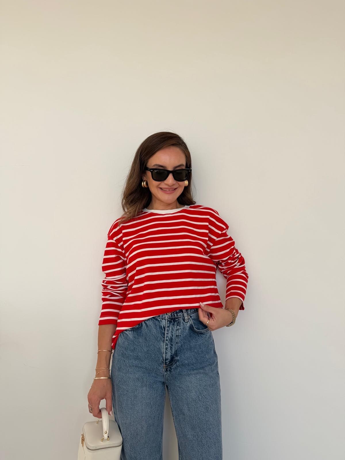 Kırmızı Ekru Çizgili Basic Sweatshirt 261147