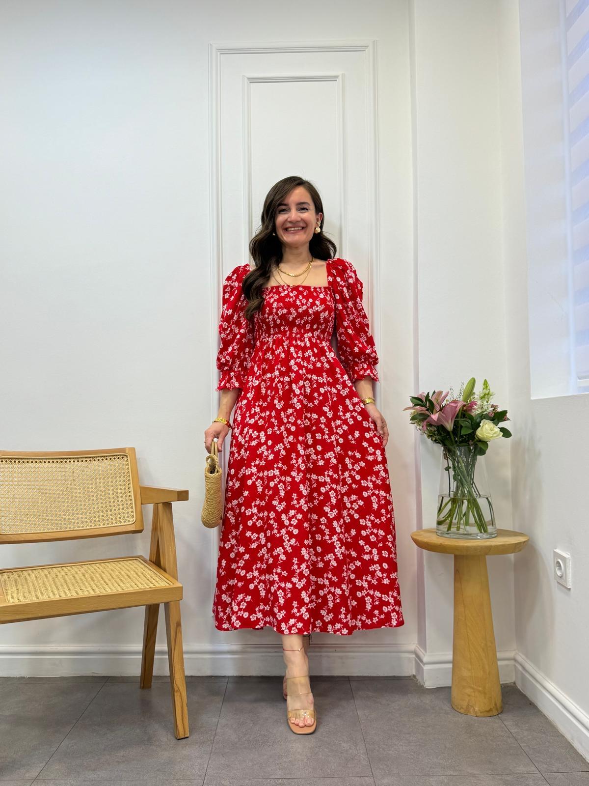 Kırmızı Göğüs Gipeli Çıtır Desen Elbise 3105