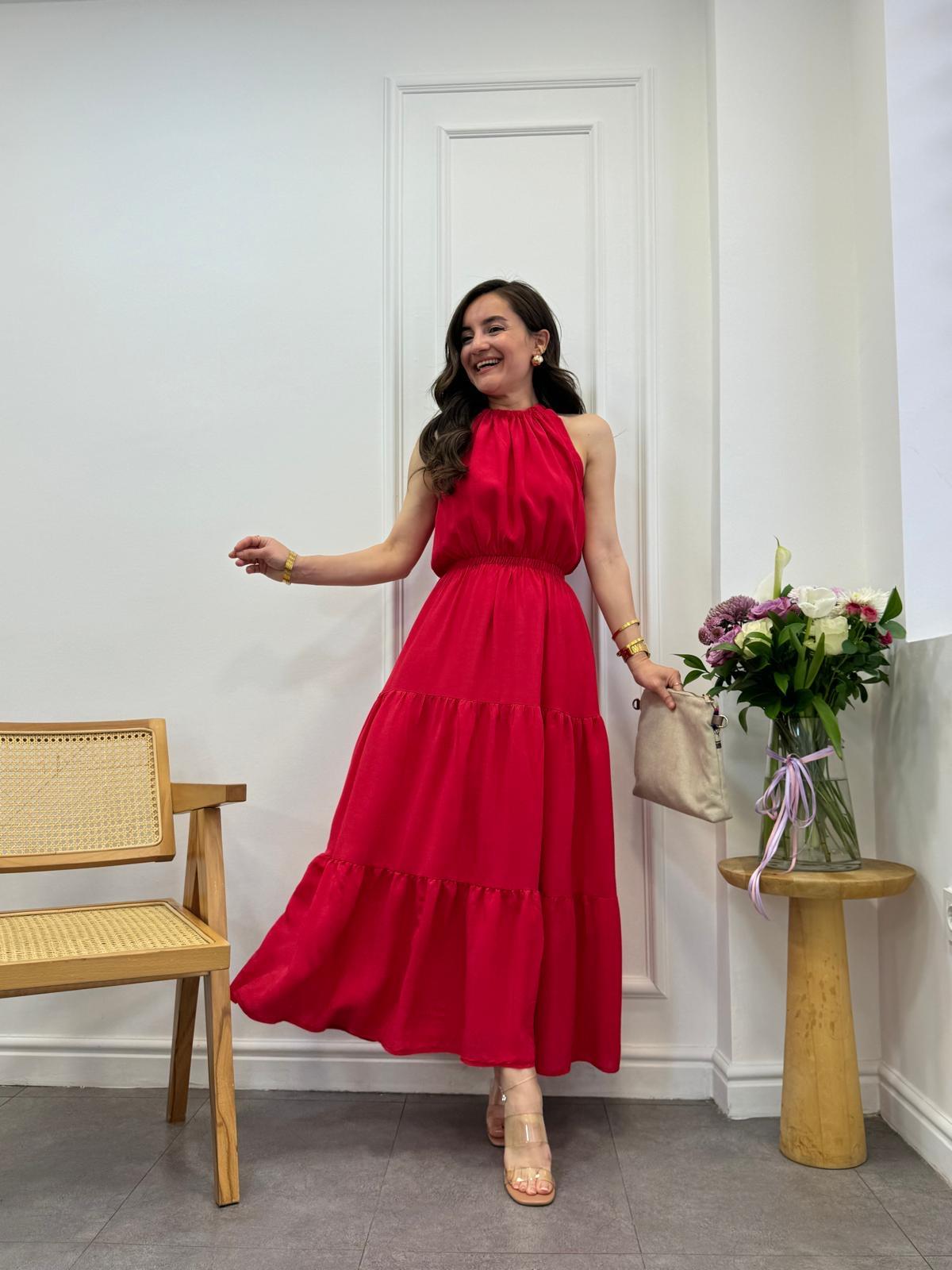 Kırmızı Halter Yaka Volan Detaylı Elbise 279067