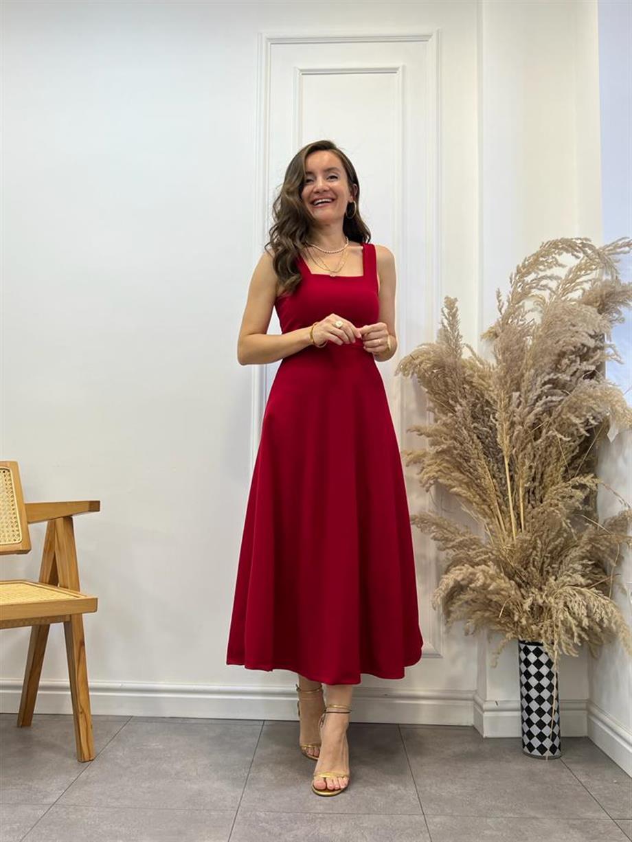 Kırmızı Kalın Askılı Kare Yaka Elbise 3021