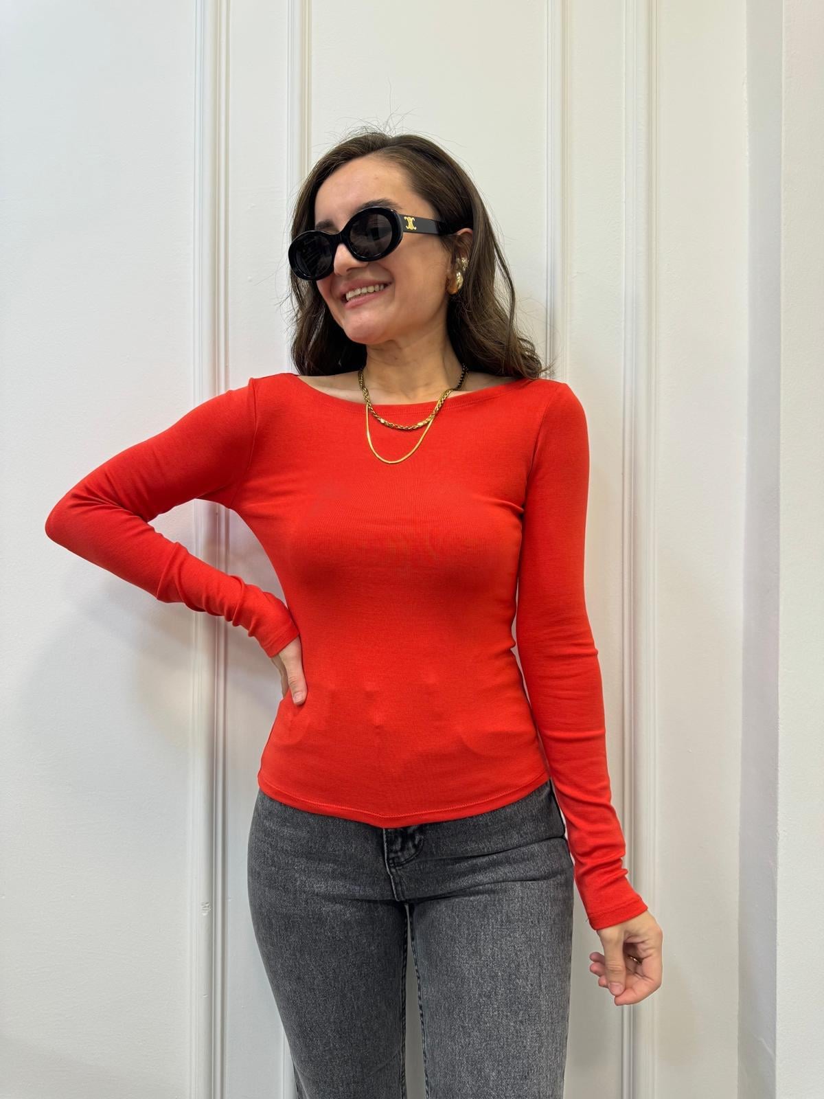 Kırmızı Kayık Yaka Uzun Kollu Bluz 31332