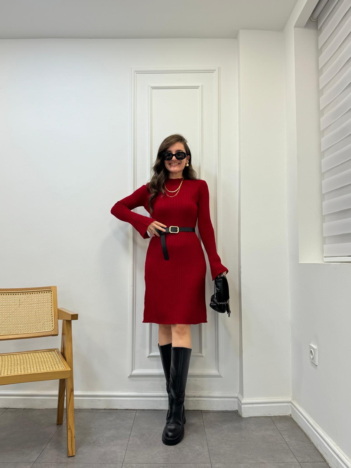 Kırmızı Kol Detaylı Kısa Triko Elbise 0928