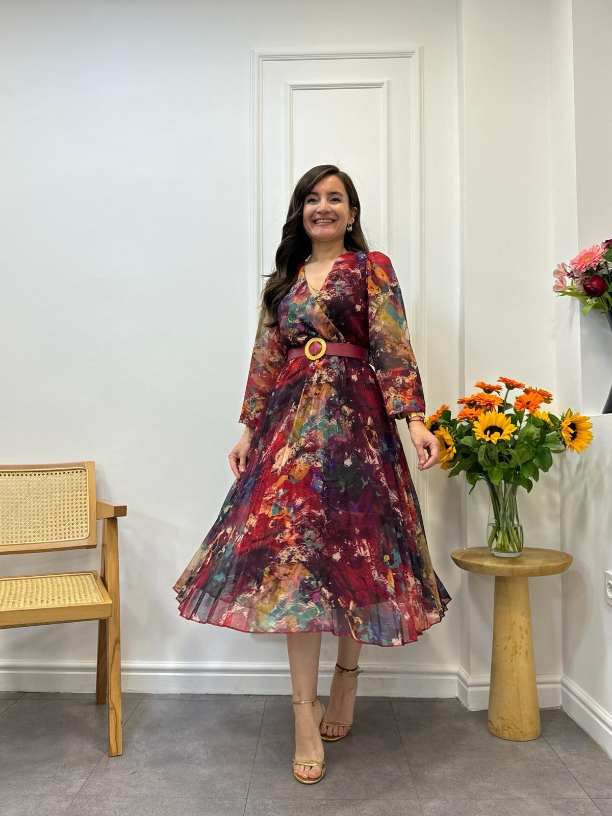 Kırmızı Kruvaze Yaka Eteği Piliseli Kemerli Şifon Elbise 3286