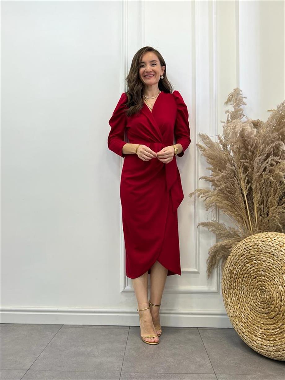 Kırmızı Kruvaze Yaka Kuşaklı Anvelop Elbise 2990