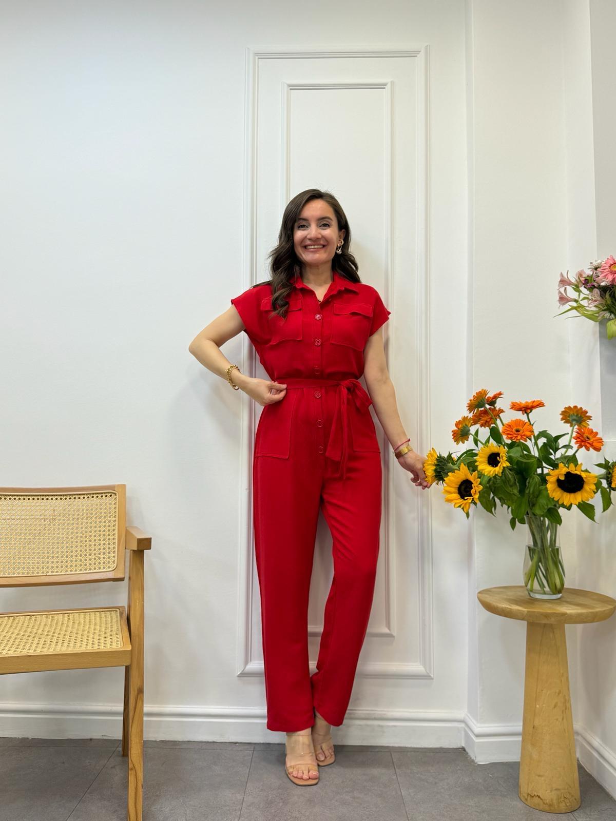 Kırmızı Kuşaklı Keten Tulum 2980