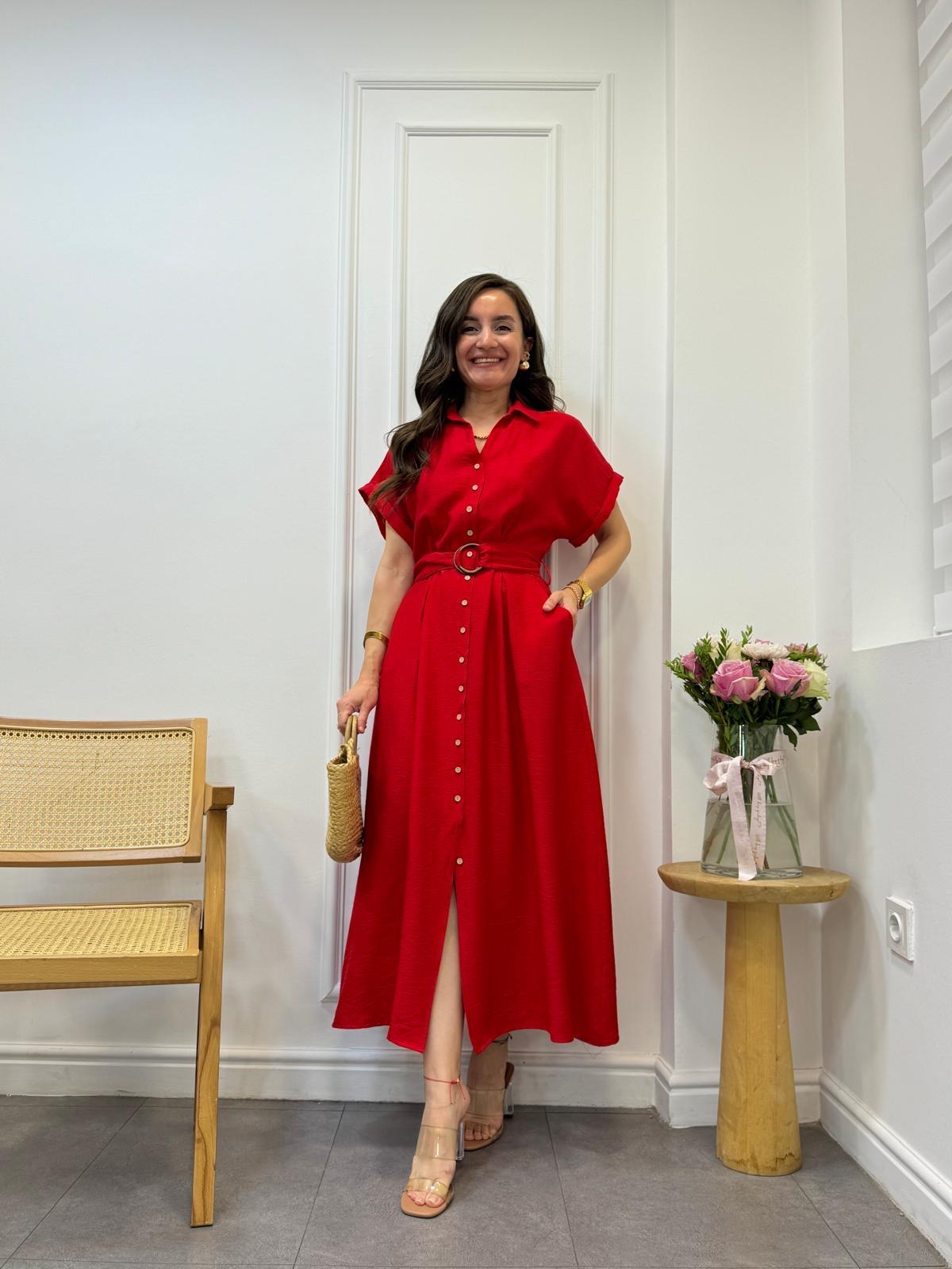 Kırmızı Lüx Kalite Önü Düğmeli Kemerli Elbise 24189