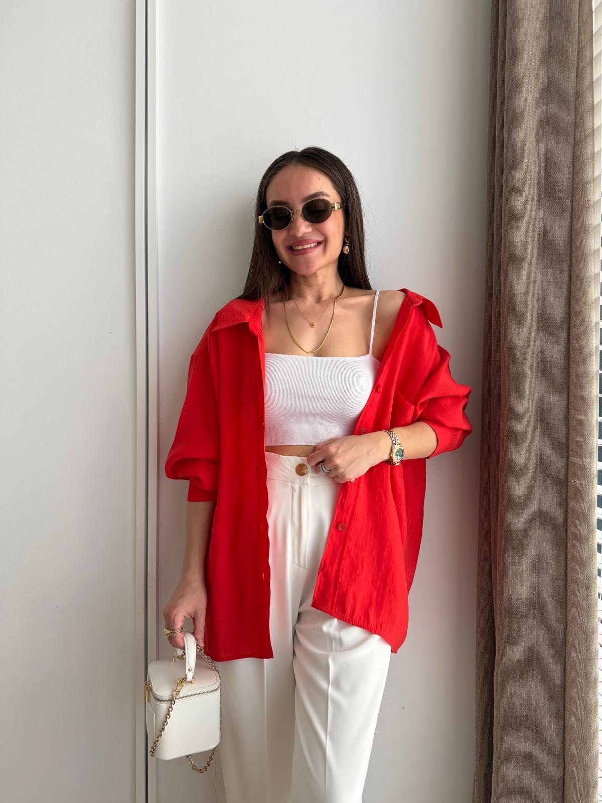 Kırmızı Lüx Kalite Oversize Gömlek 4612
