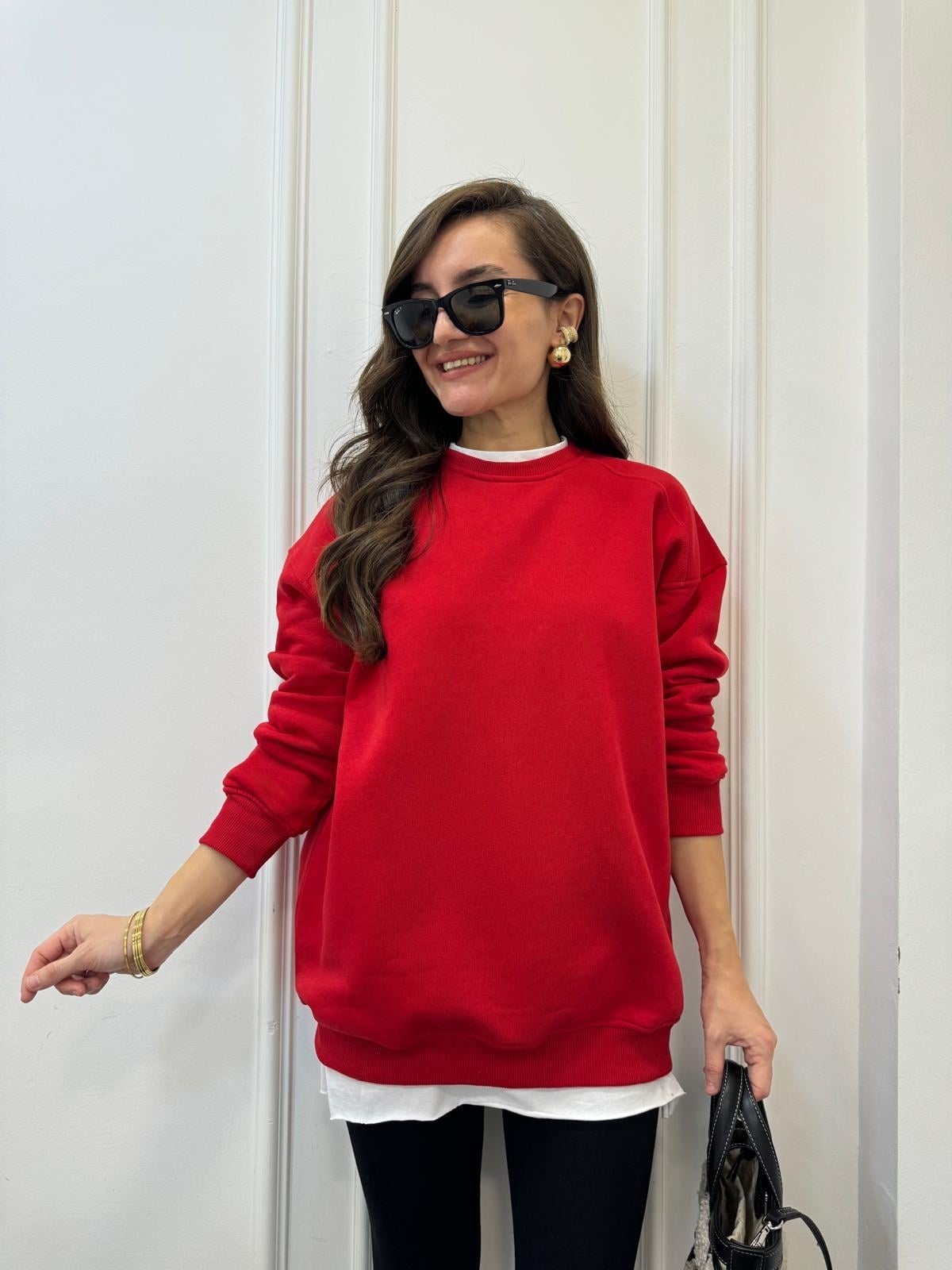Kırmızı Oversize Bisiklet Yaka Sweatshırt 7912