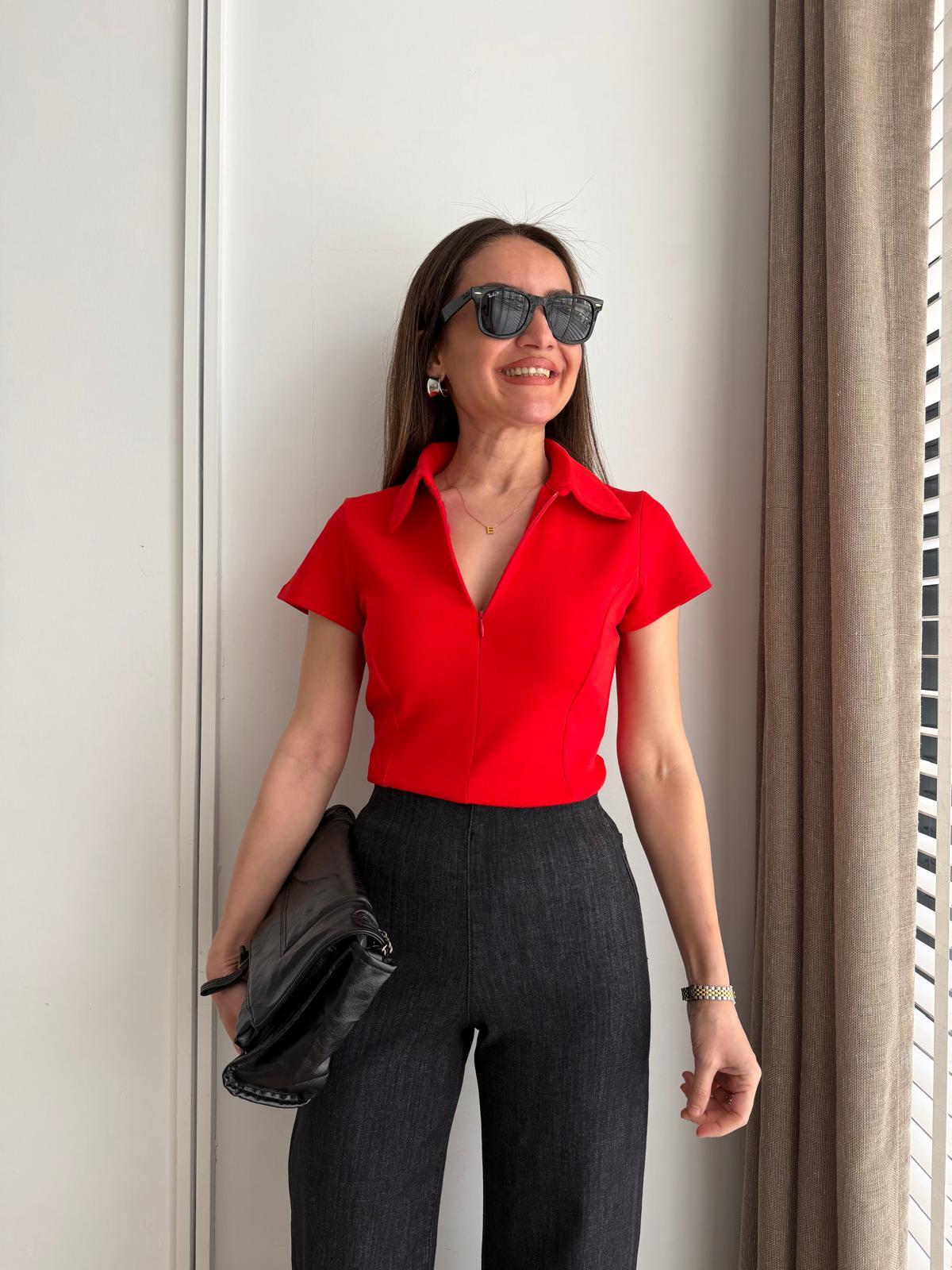 Kırmızı Polo Yaka Fermuarlı Slimfit Tshirt 4350