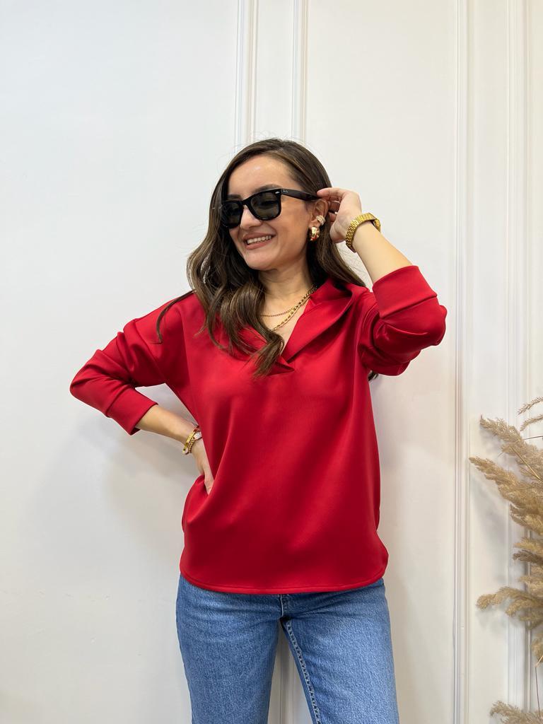 Kırmızı Scuba Kumaş Kapüşonlu Sweatshirt 1001