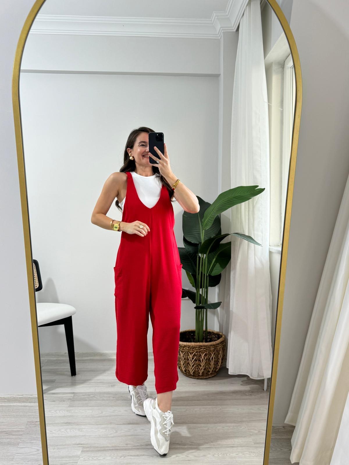 Kırmızı Sırttan Bağlamalı Cepli Salopet Tulum 1907