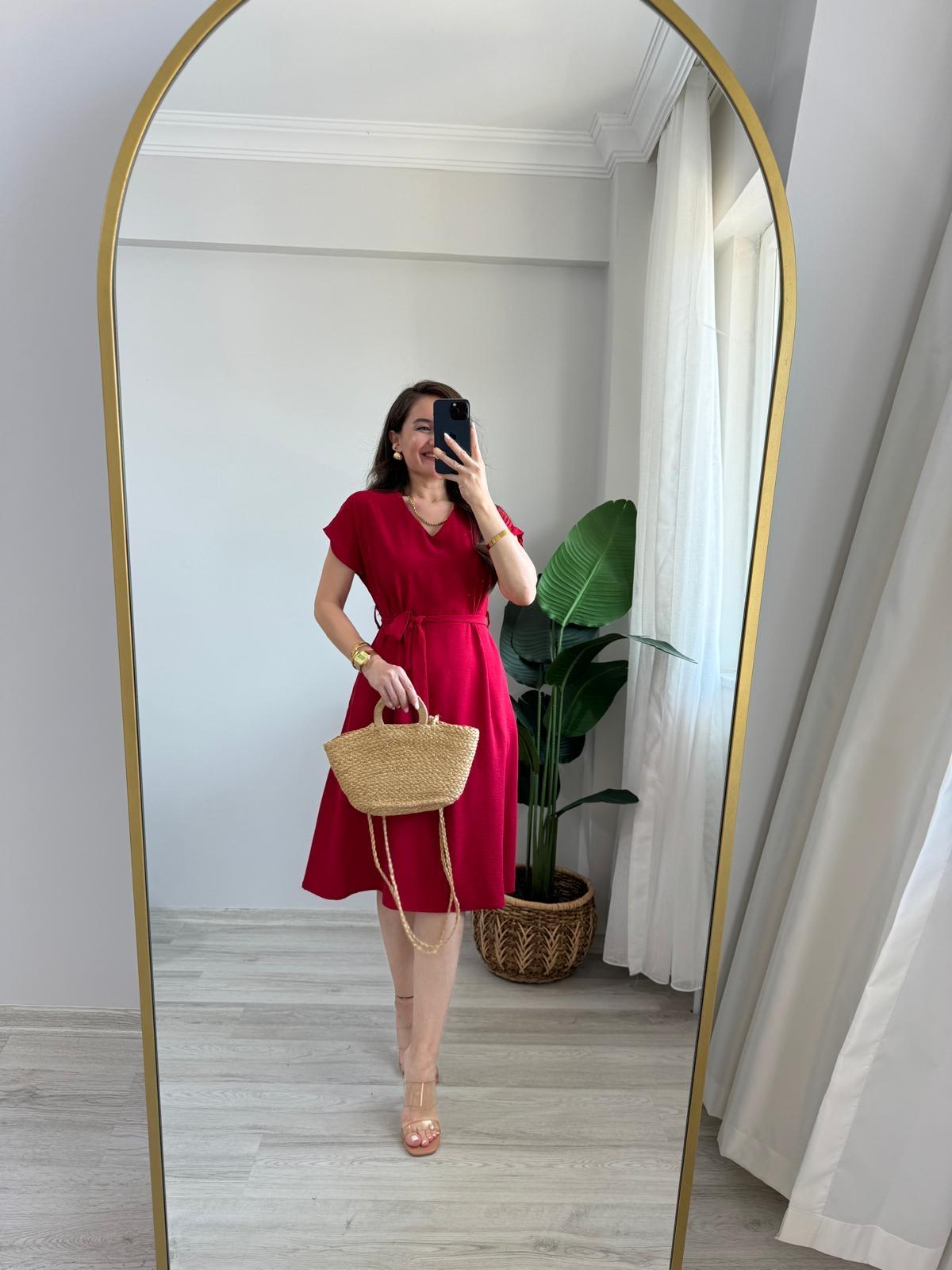 Kırmızı V Yaka Aerobin Kumaş Kuşaklı Elbise 942