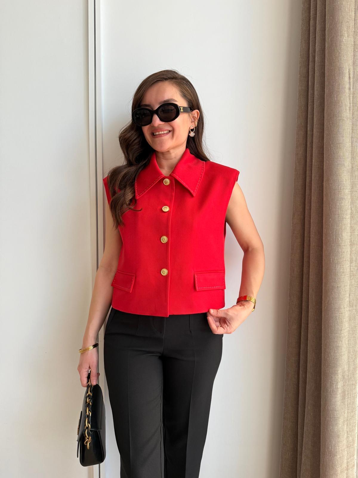 Kırmızı Vatkalı Dikiş Detay Tasarım Yelek 29183