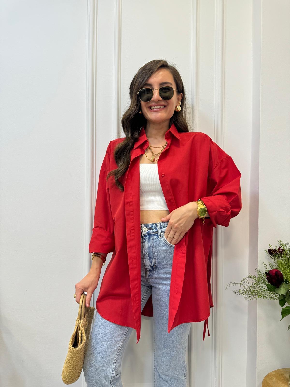 Kırmızı Yan Bağlamalı Oversize Gömlek 197