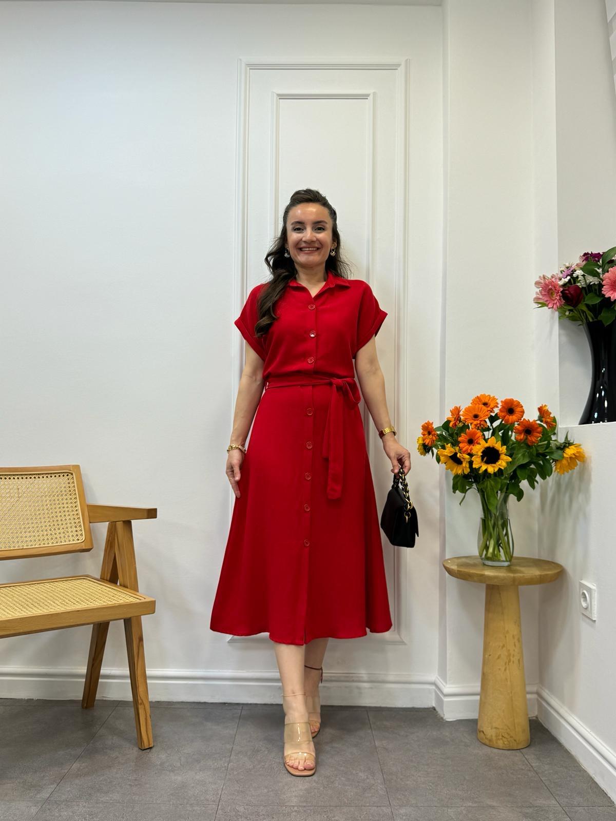 Kırmızı Yarasa Kol Keten Gömlek Elbise 1981