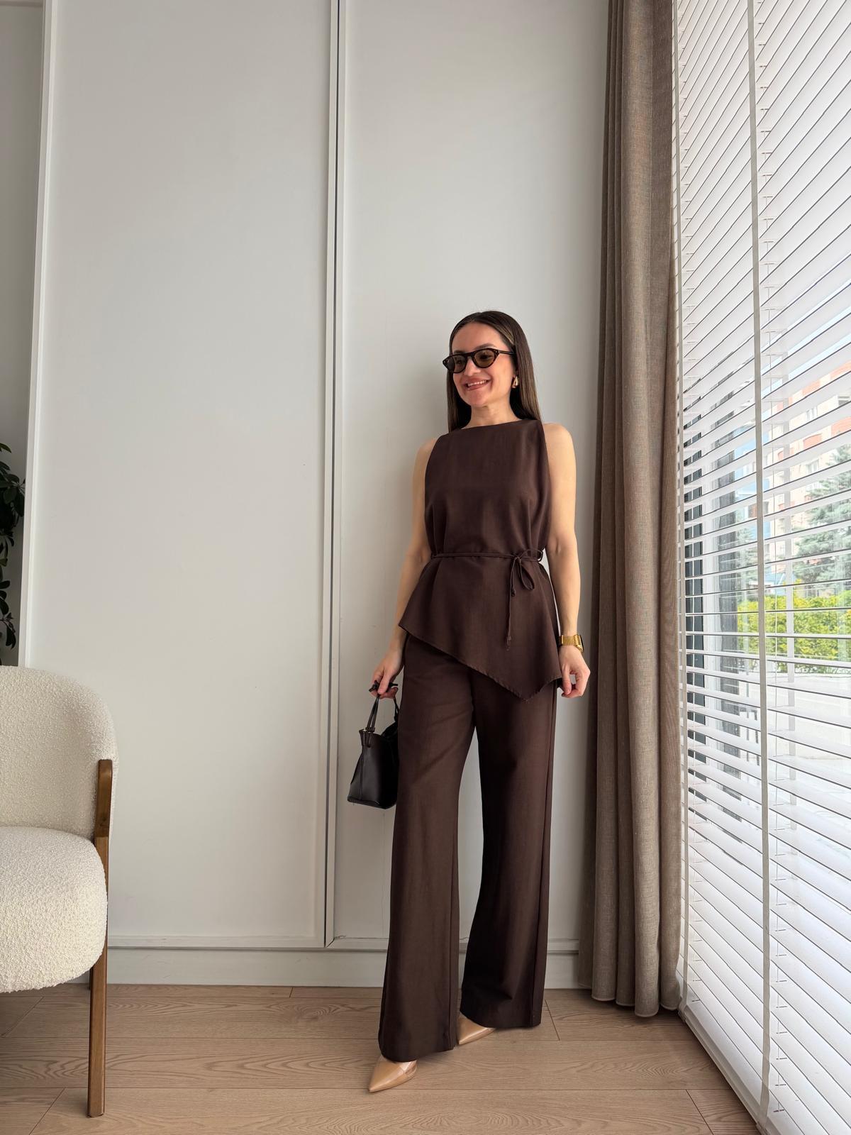 Koyu kahve Asimetrik Kesim Bluz Pantolon Takım 8784