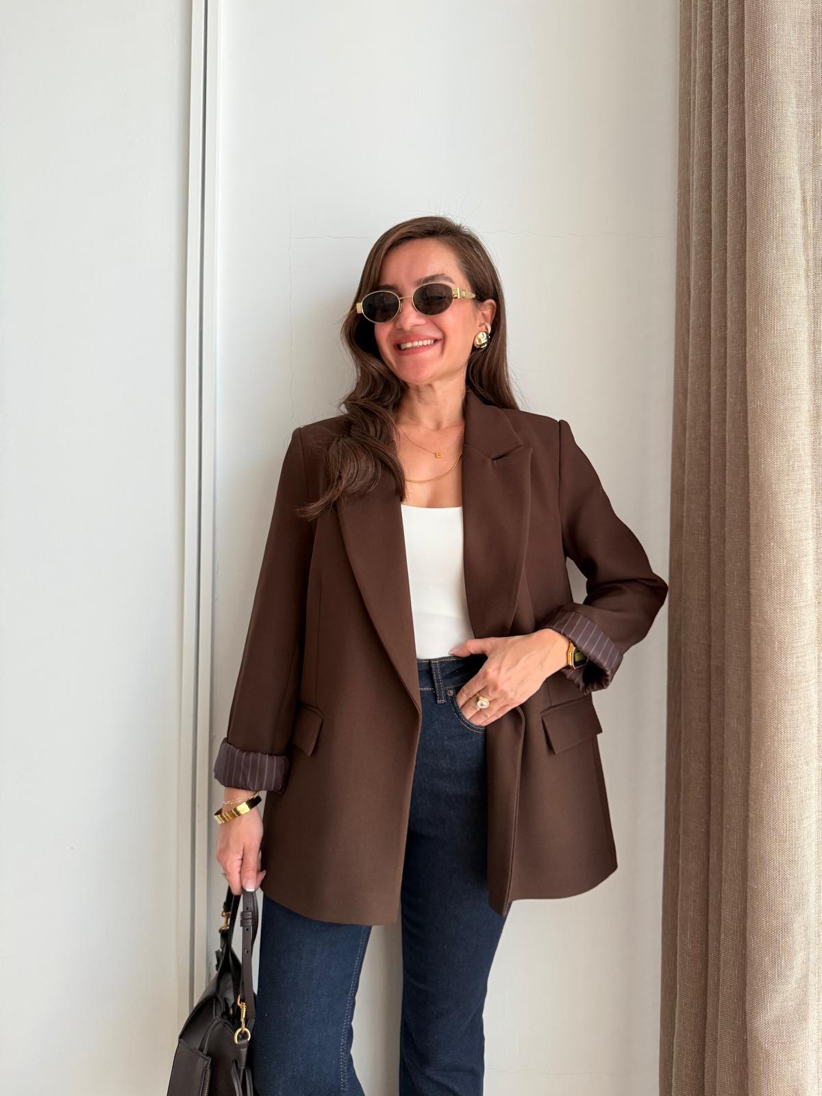 Koyu kahve Astarlı Keten Blazer Ceket 7560